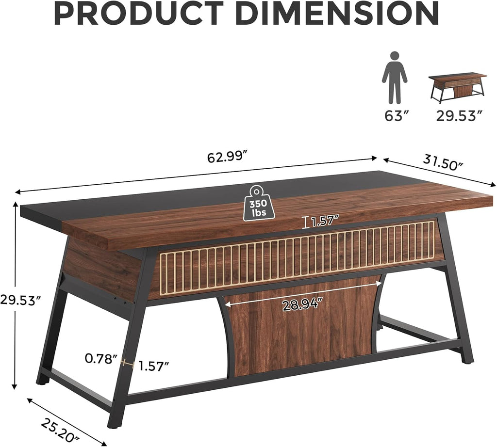 63-inch Executive Desk with Storage Shelf, Large Home Office Desk with Metal Frame & LED Light, Long Computer Desks