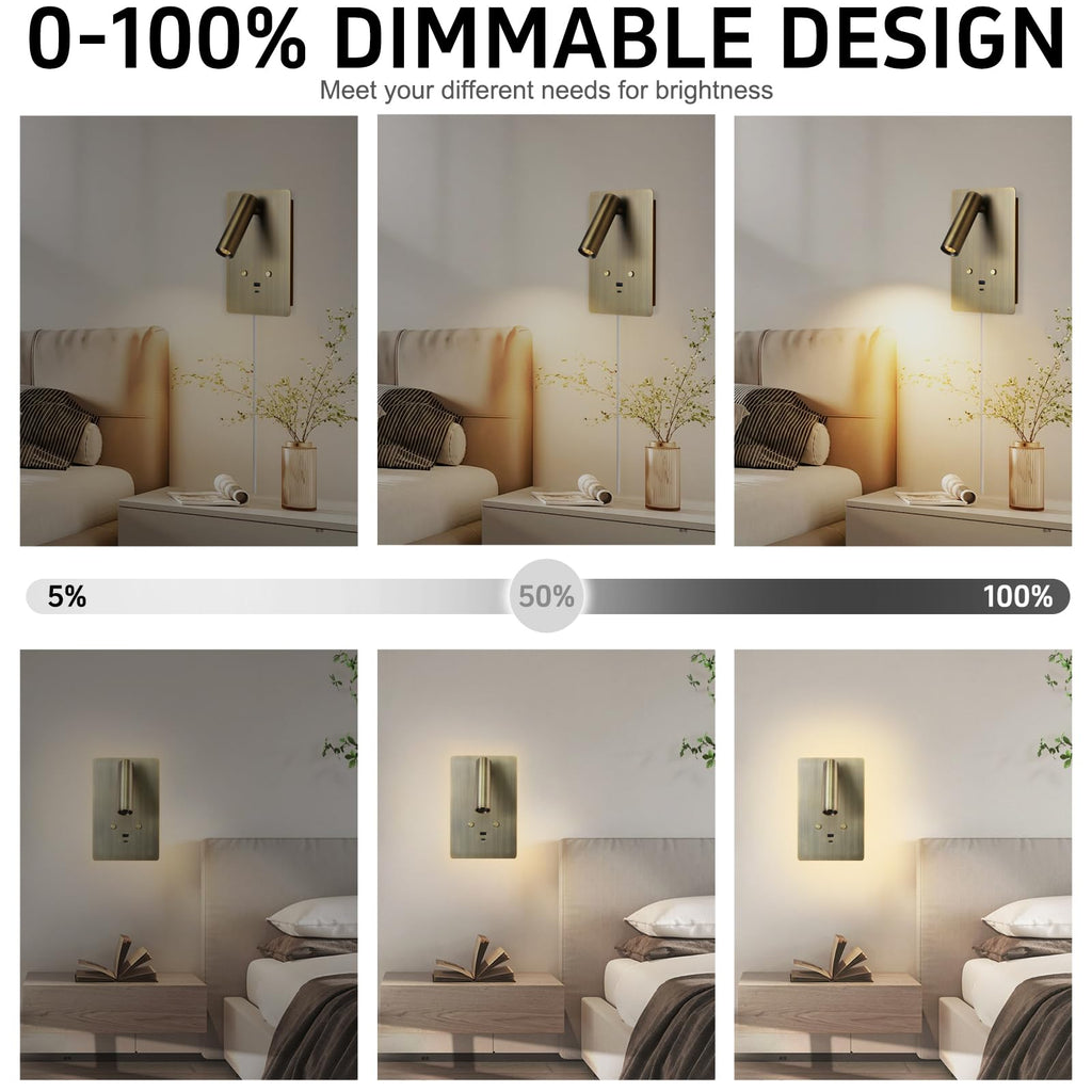 Wall Mounted Reading Light Set of 2,Dimmable Adjustable Headboard Plug in Wall Sconce with USB A+C Ports,Touch