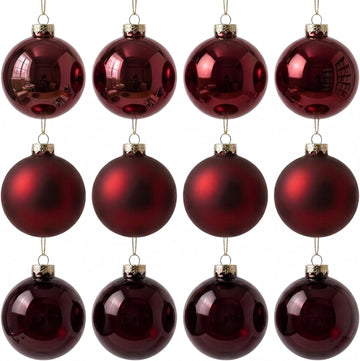 12Pcs Burgundy Red Glass Christmas Balls Ornament for Tree, 2.36''