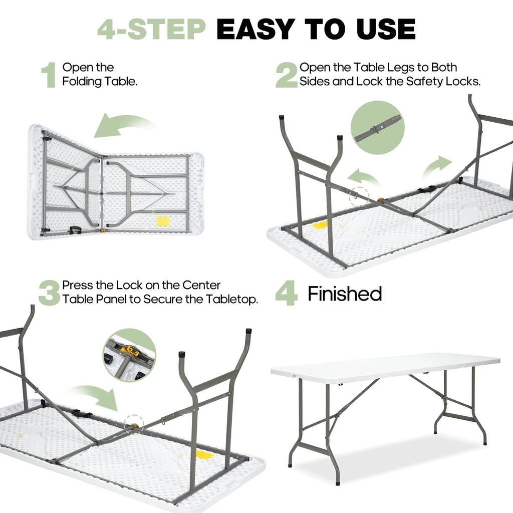 Folding Table 6ft, Heavy-Duty 500lbs Weight Capacity Foldable Table with HDPE Top & Steel Legs, Portable 6 Foot