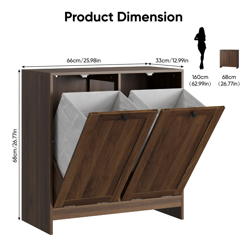 Double Tilt Out Laundry Hamper Cabinet, 11.8 Gallon Hidden Trash Cabinets with 2 Baskets , Freestanding Small