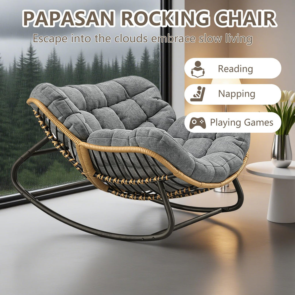 Oversized Papasan Rocking Chair with Extra Thick Cushion, Rattan Wicker Egg Chair for Indoor & Outdoor Use - Cozy
