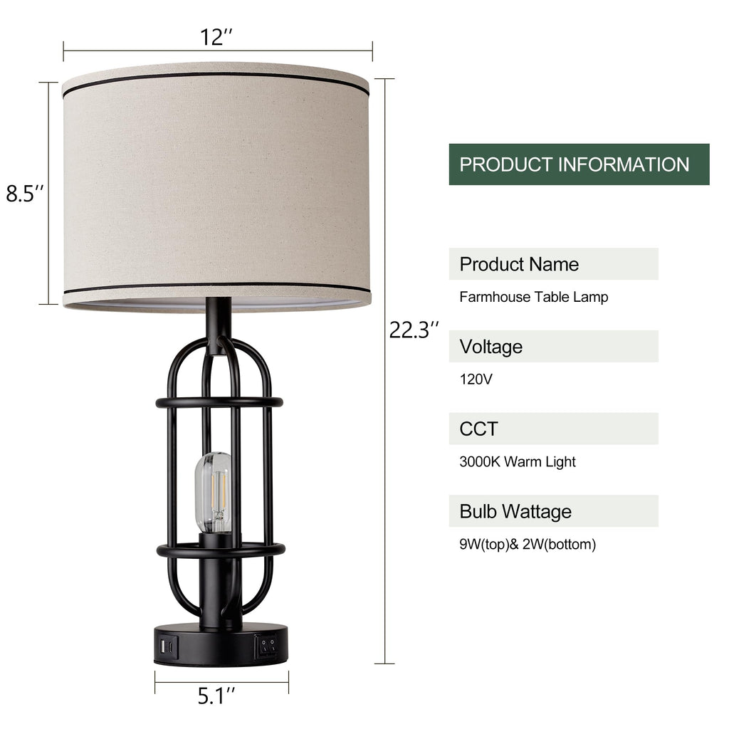 22.3" Farmhouse Table Lamps Set of 2, Black