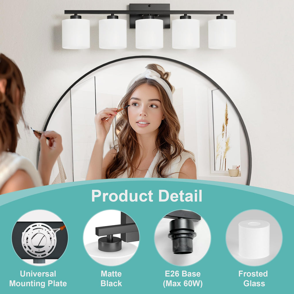 Black Vanity Light, 5-Light Bathroom Light Fixtures, Frosted Shade