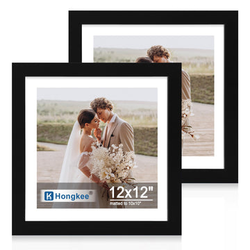 12x12 Picture Frame Set of 2, Real Glass and Wood Frame, Mat 10x10