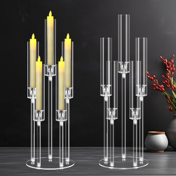 2 Sets 5 Arms Acrylic Candelabra Centerpieces for Tables,Clear Candle Holder,27" Tall Candlestick Holders with