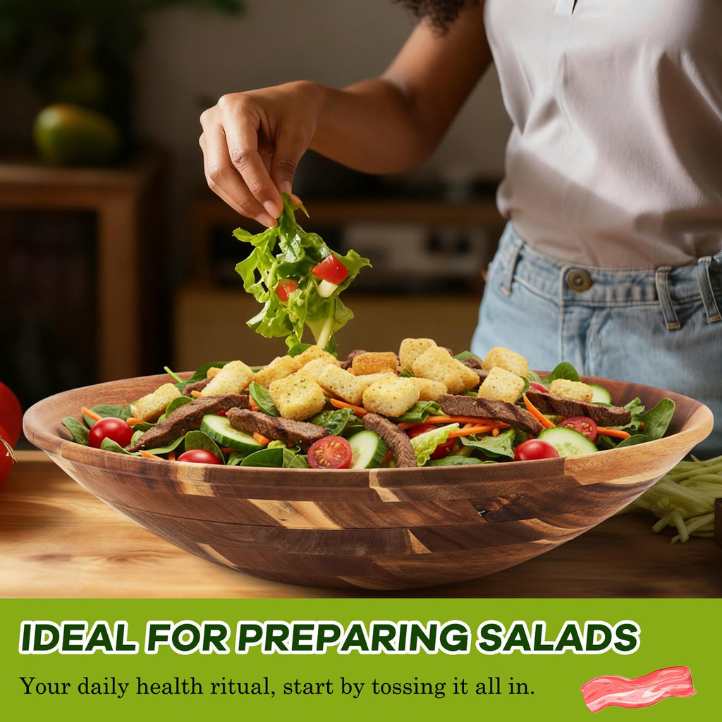 Large 18 Inch Acacia Wood Salad Bowl Set with Serving Utensils