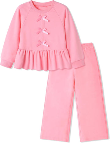 Toddler Girls Clothes 2 Piece Solid Long Sleeve Ruffle Shirt Top Wide Leg Pants Sets Fall Winter Outfits