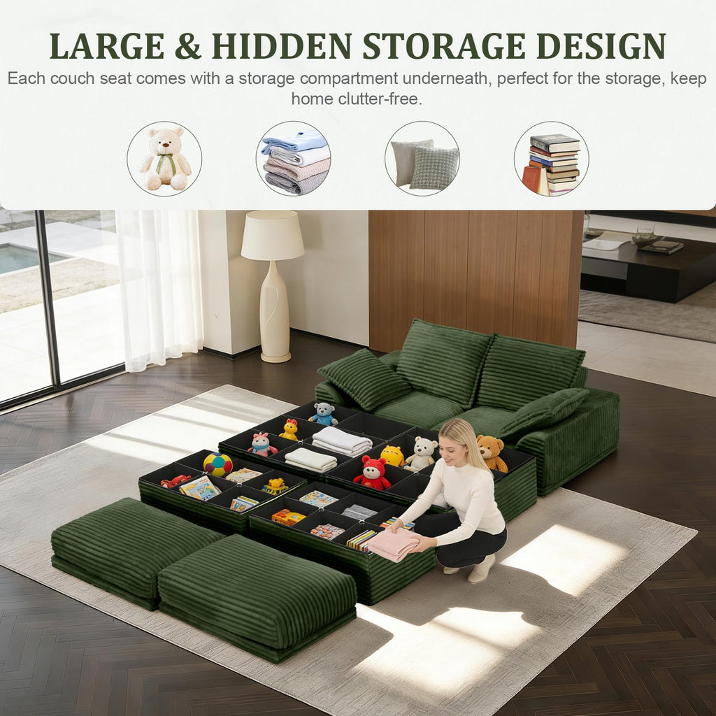 Upgraded Boneless Couch with Storage, Deep Seat Modular Sectional Sofa 2 Seater Loveseat Sofa with Ottoman, No