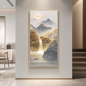 Large Framed Modern Blue Gold Mountain Wall Art, 60x30 Inch