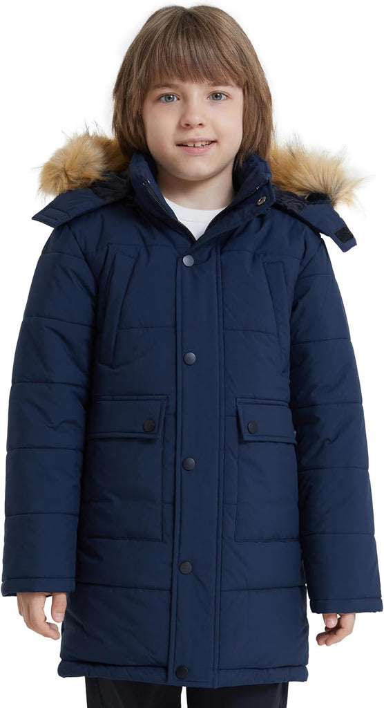 Boys' Long Winter Coat Waterproof Puffer Jacket with Removable Hood