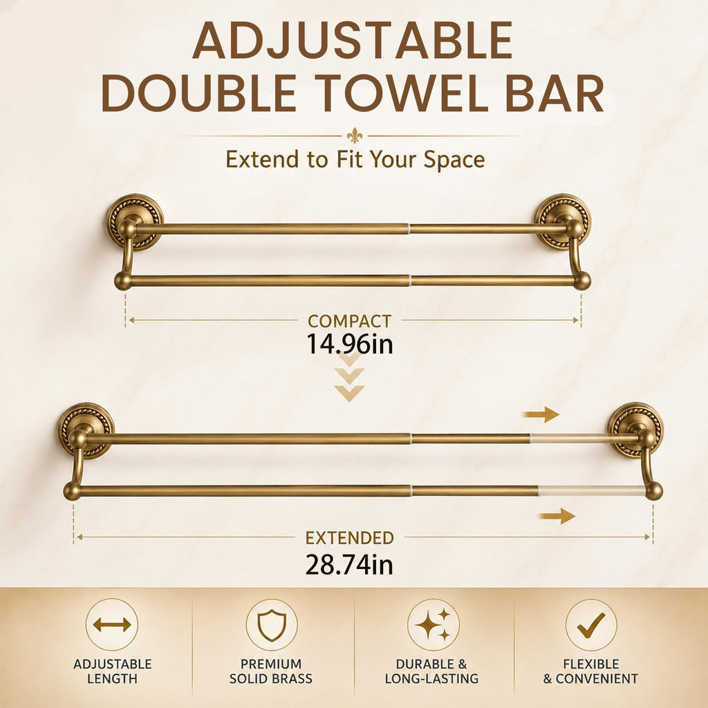 Antique Brass Bathroom Hardware Set 4 Piece, Vintage Brass Bath Accessories Kit with Double Towel Bar, Toilet Paper