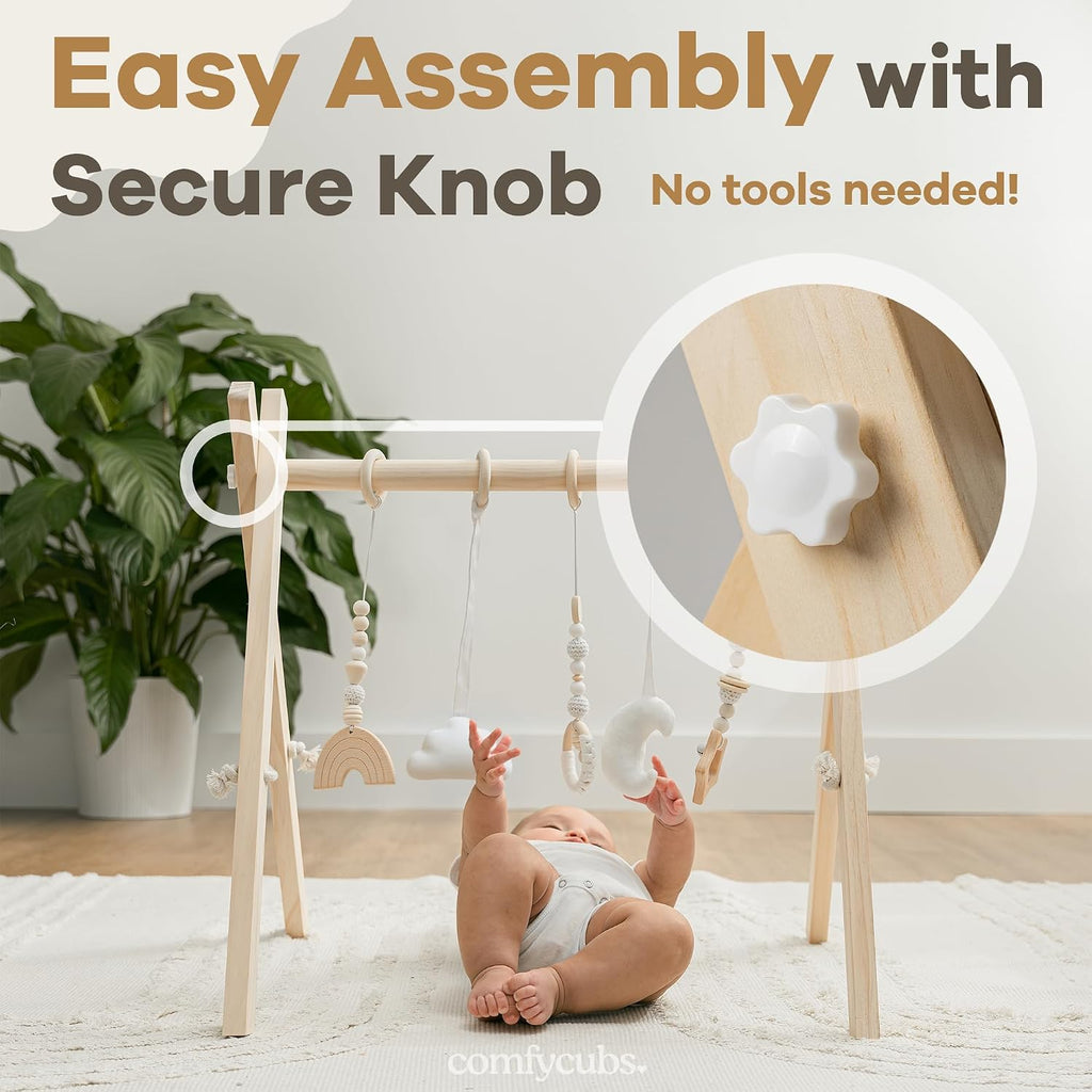 Wooden Baby Play Gym - Natural Finish Pinewood Baby Activity Gym with 5 Sensory Hanging Toys - Easy No-Tool Assembly