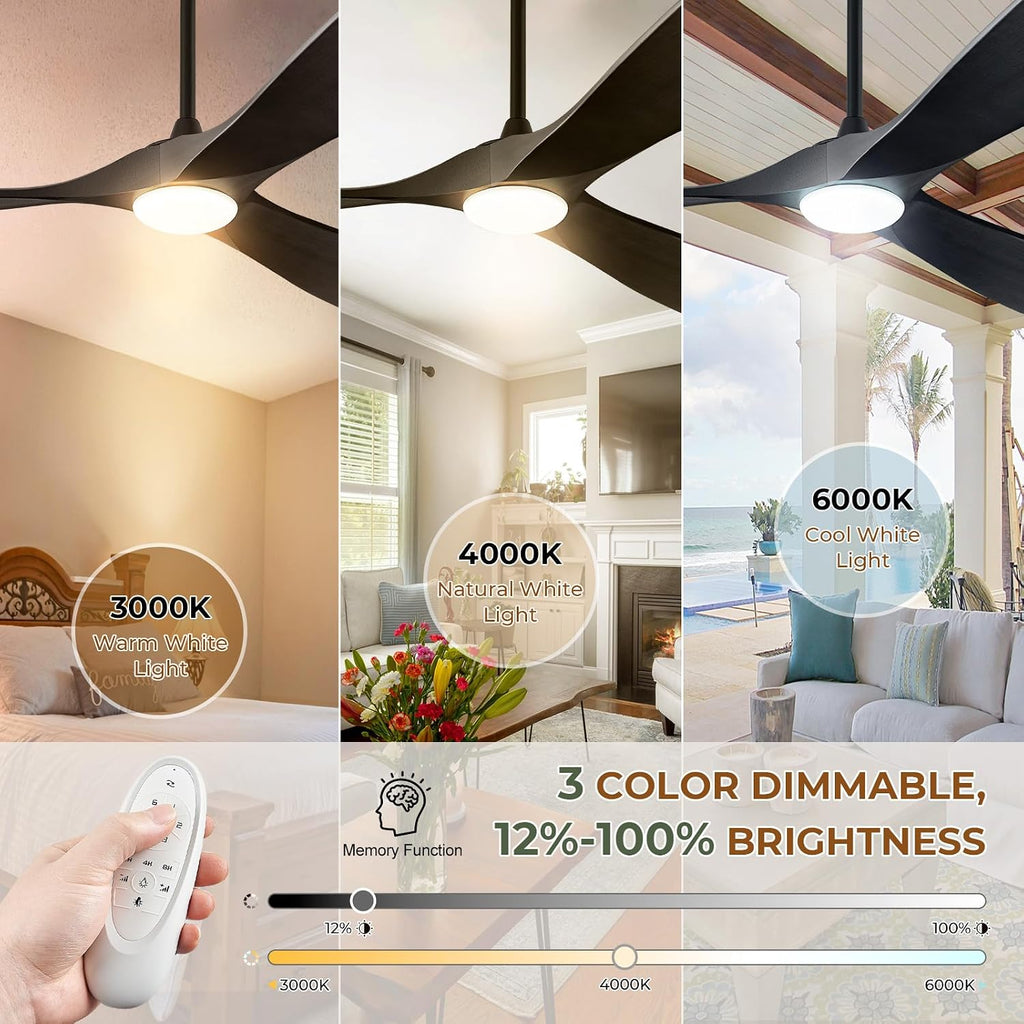 Inspired Maverick Style 52" Wood Ceiling Fan with Light and Remote, 3 Matte Black Blades, Reversible DC Motor, Indoor/Outdoor - Matte Black
