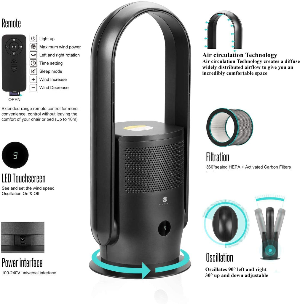 Bladeless Tower Fan and Air Purifier Combo, Quiet Oscillating Fan with Remote & Touch Control, 9 Speeds, 8H Timer