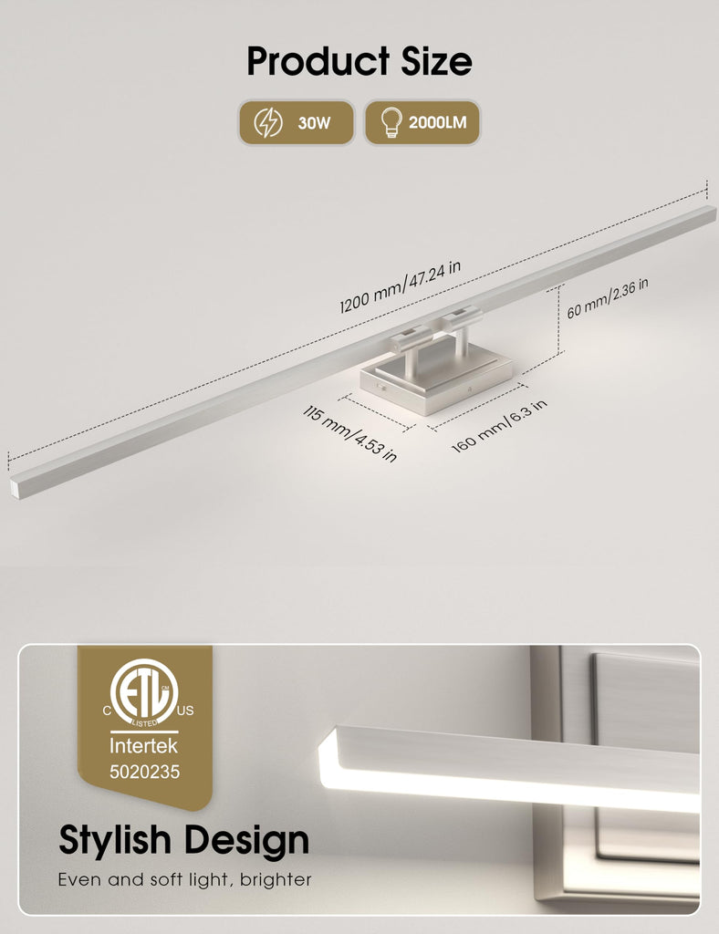 Modern Bathroom Vanity Light 48 inch, Rotatable, 30W Dimmable 5CCT Led Bathroom Light Fixture Over Mirror, Brushed