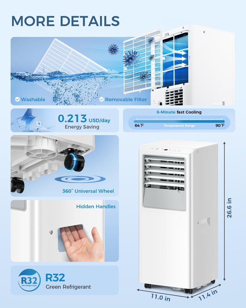 8000 BTU Portable Air Conditioner, 5-in-1 Cools 350 Sq.Ft, Quiet AC Unit with Fan & Dehumidifier, LED Display, Remote