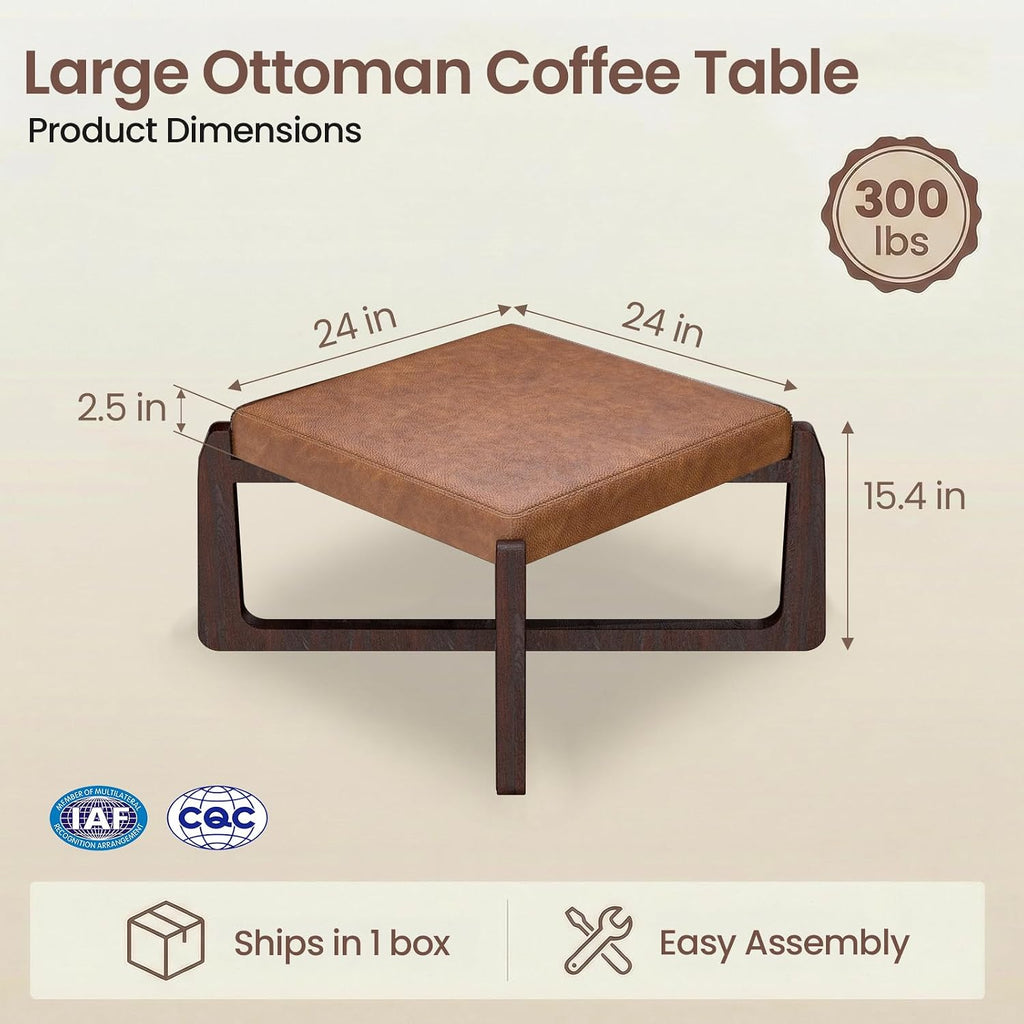 Faux Leather Square Coffee Table Ottoman,24" Coffee Table Ottoman,Ash Wood Living Room Table (Brown)