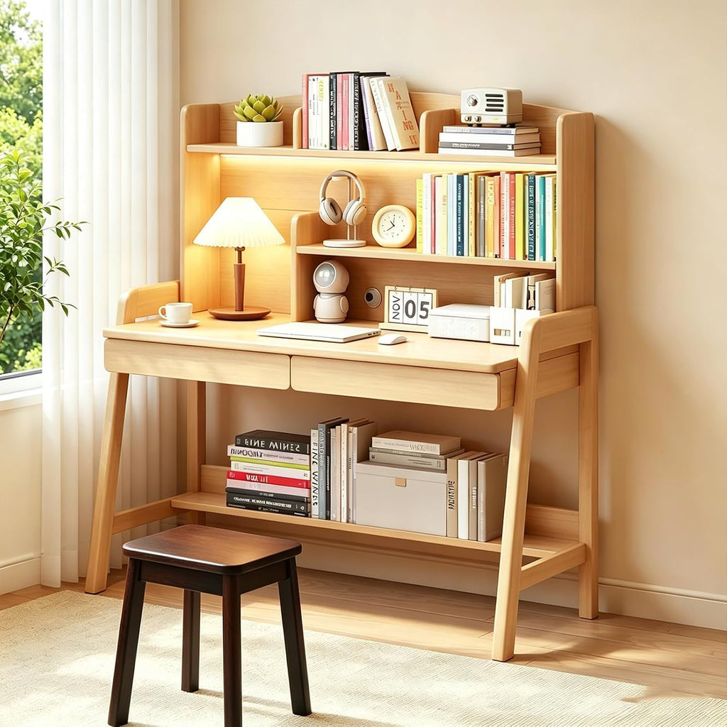 Kids Study Desk with Hutch and Storage Drawers, Level Height Adjustable Children's Writing Table with 2 Drawers