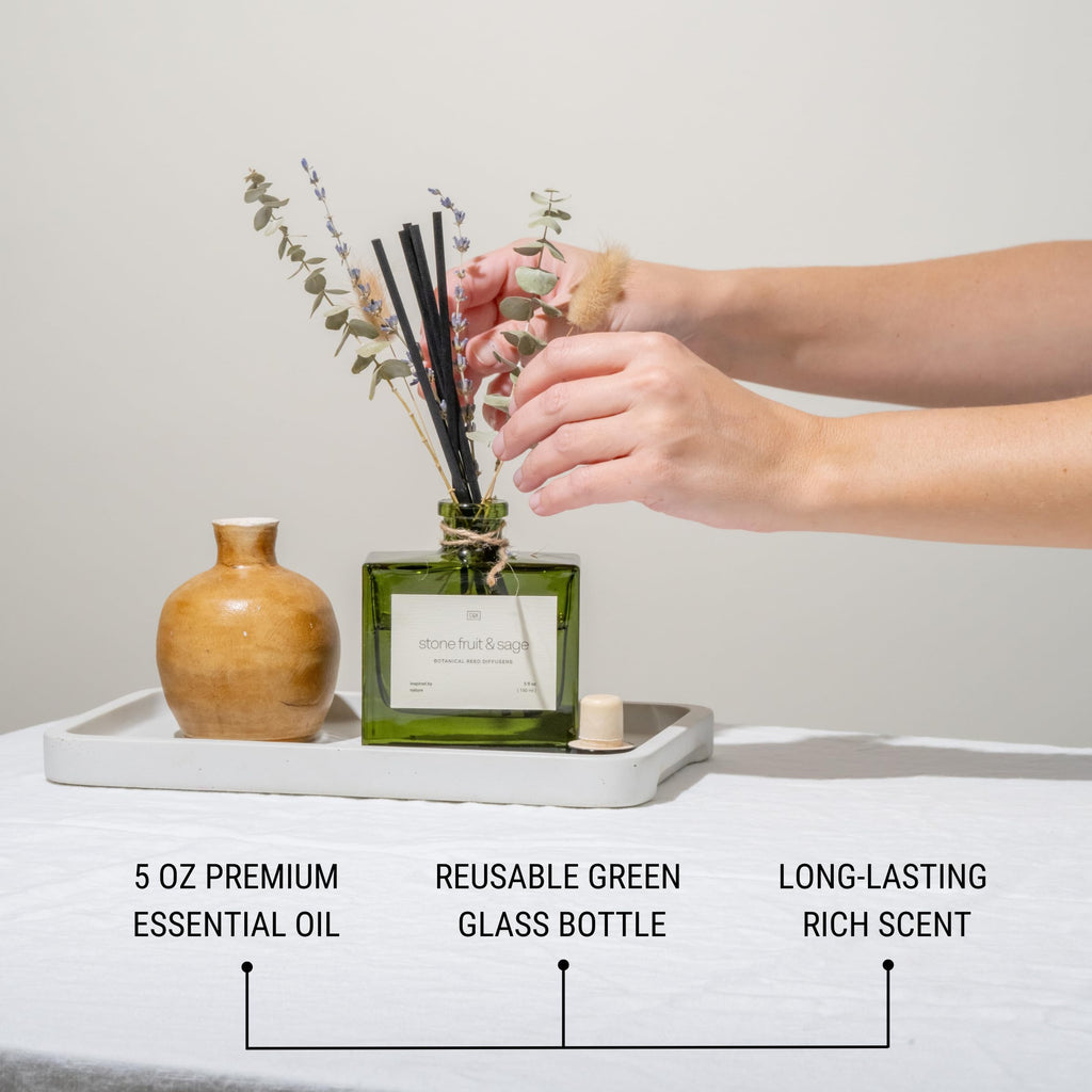 Reed Diffuser with Dried Flowers | 5 oz Stone Fruit & Sage Scented Holiday Reed Diffusers | Scent Sticks | Elegant