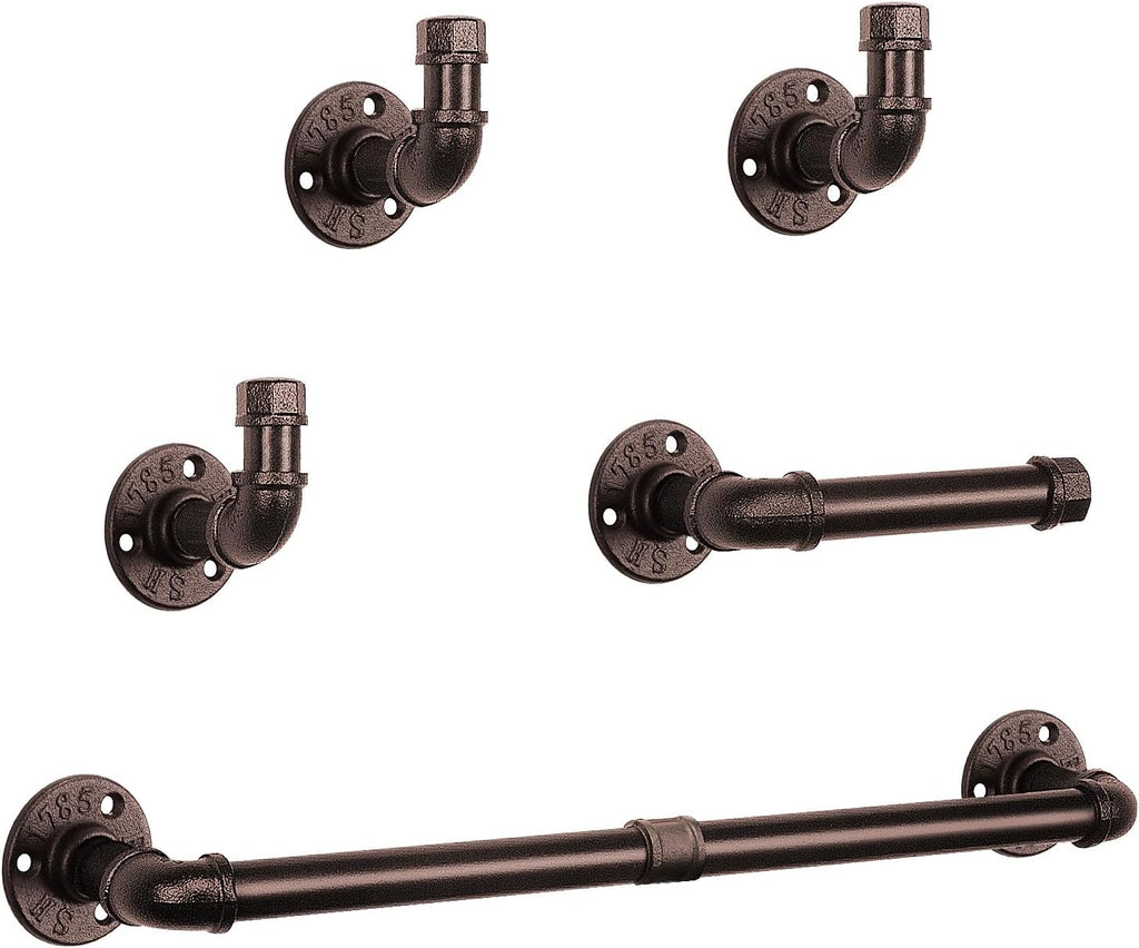 5-Pieces Industrial Pipe Bathroom Hardware Set, Include Towel Bar, Toilet Paper Holder and 3 Robe Hooks, Heavy Duty