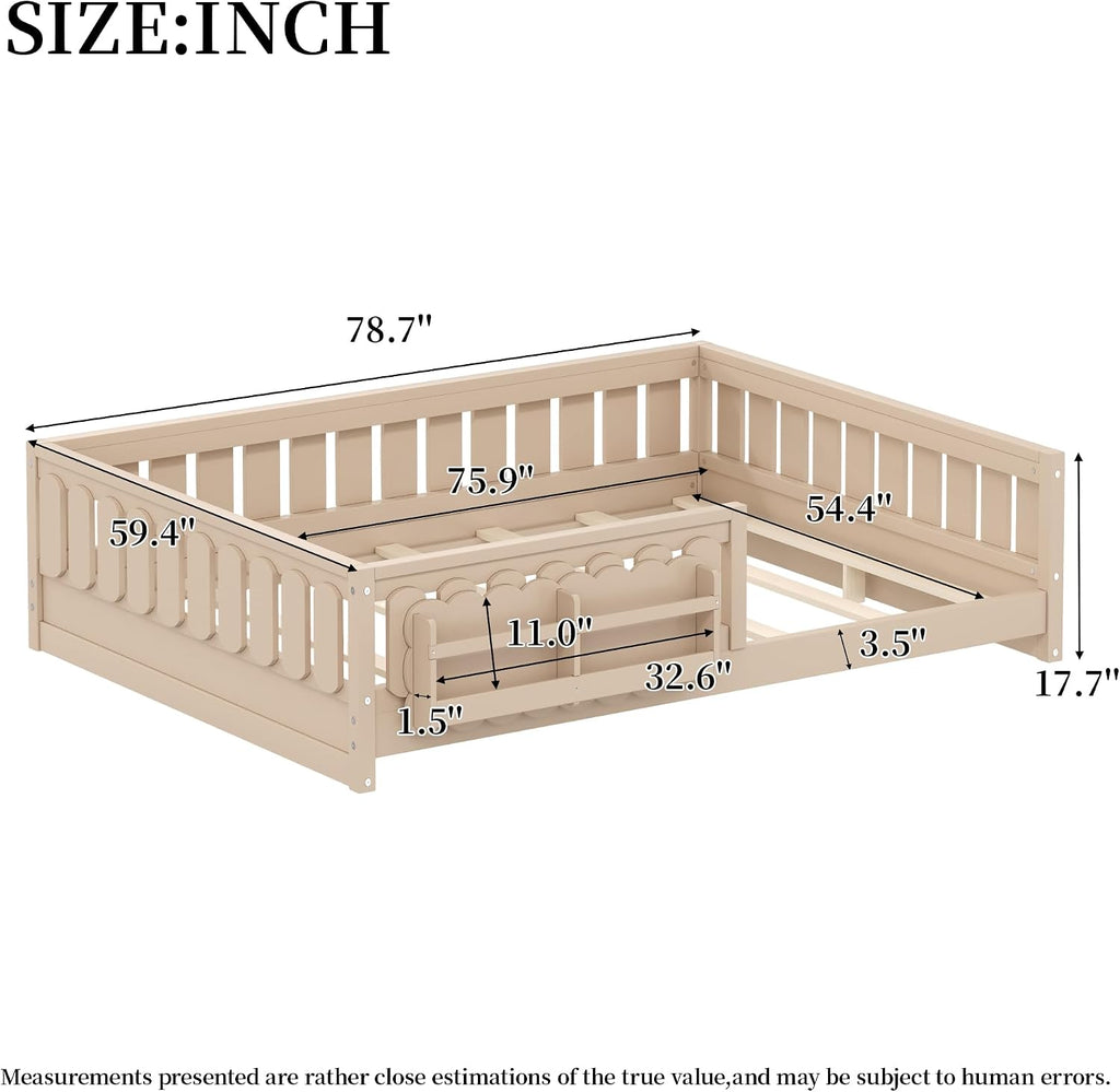 Floor Bed Frame for Kids with Fence and Bookshelves, Natural
