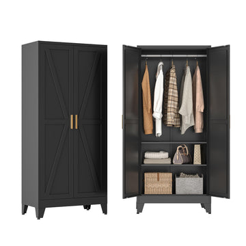 Metal Wardrobe Closet with Doors, 71" Farmhouse Bedroom Armoire with Hanger Rod and Adjustable Shelves, Black Steel