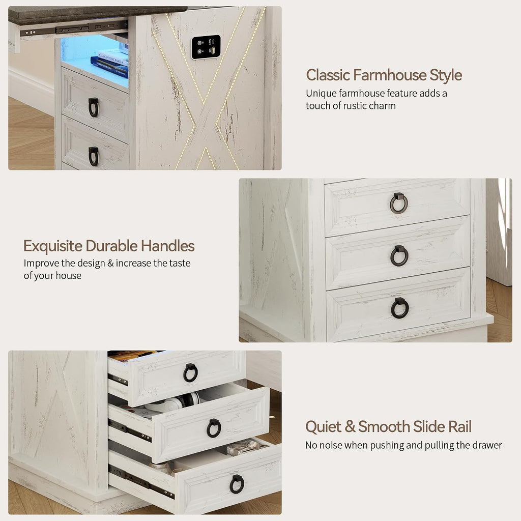 Farmhouse Nightstand with Gun Drawer Set of 2, Human Sensor LED Bedside Table with LED Lights & Charging Station