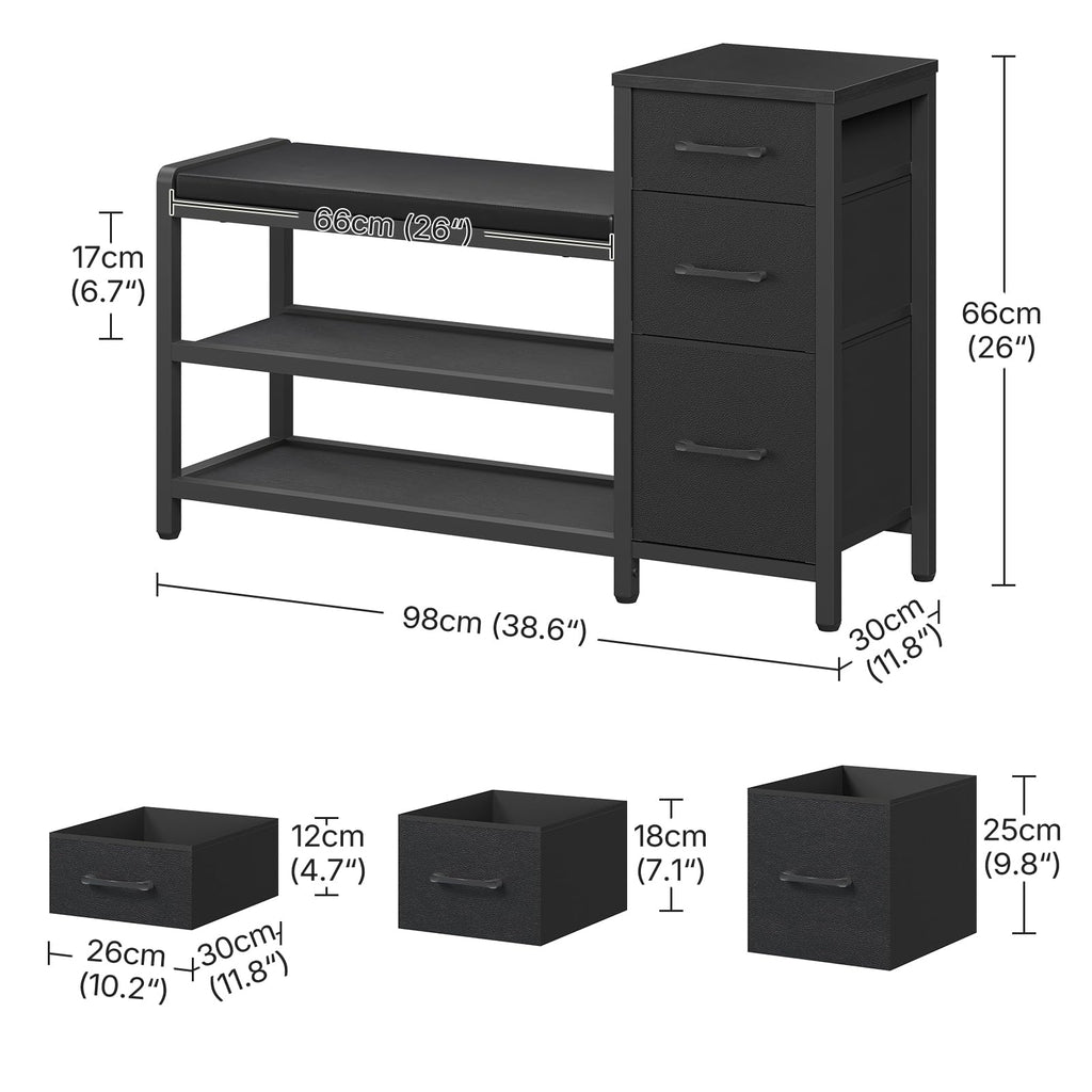 Entryway Bench with Shoe Storage, 3-Tier Shoe Rack Bench with Wooden Shelves and 3 Non-Woven Drawers, PU Padded Shoe
