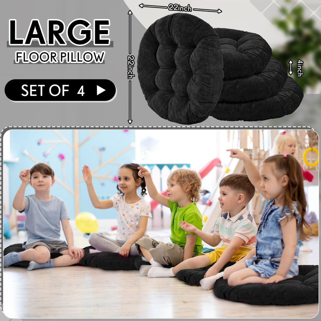 4 Pcs Black Large Floor Pillow Cushion, Round 22 x 22