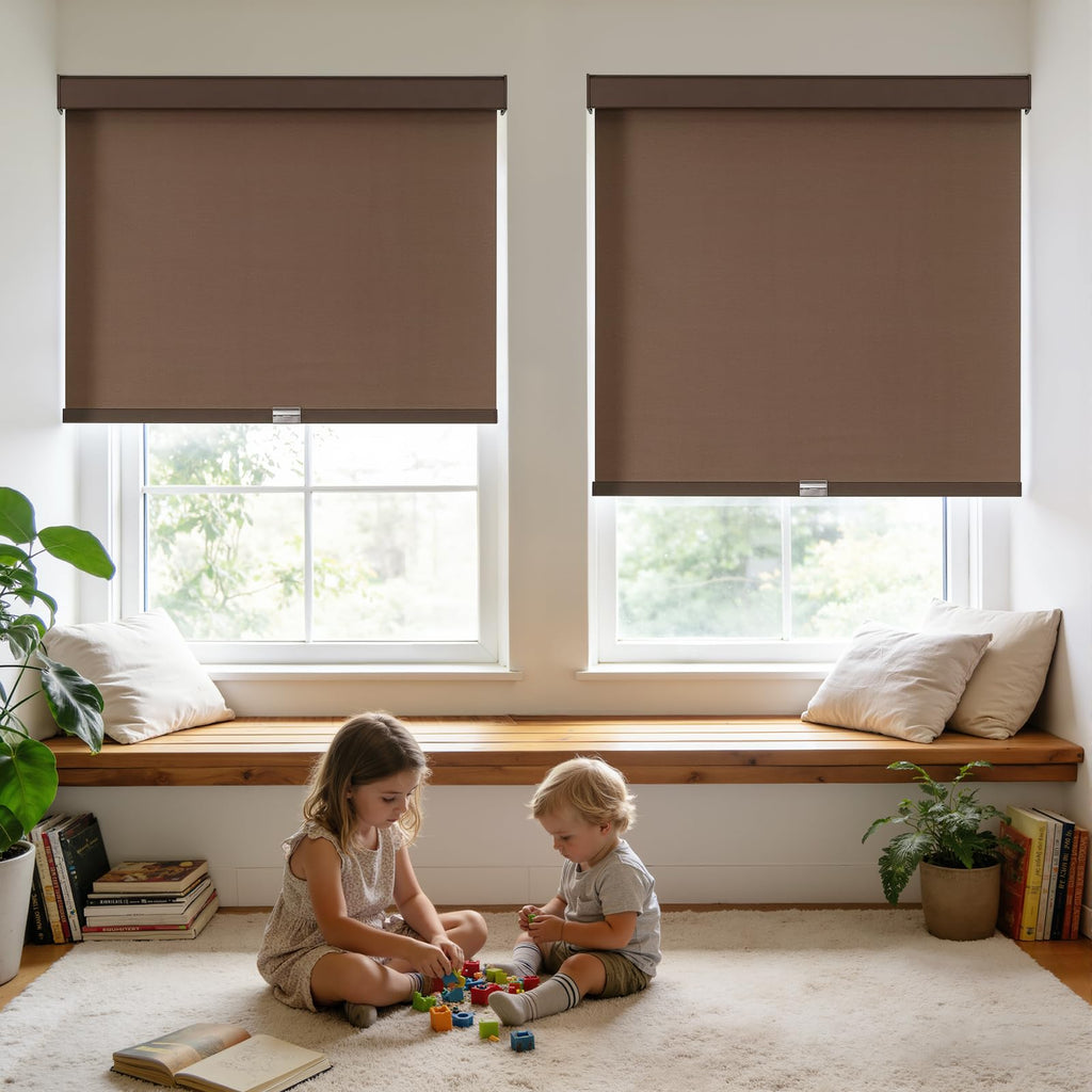 100% Blackout Roller Shades Cordless Blinds for Windows, Free-Stop Shades, UV Protection, Natural Woven Blinds