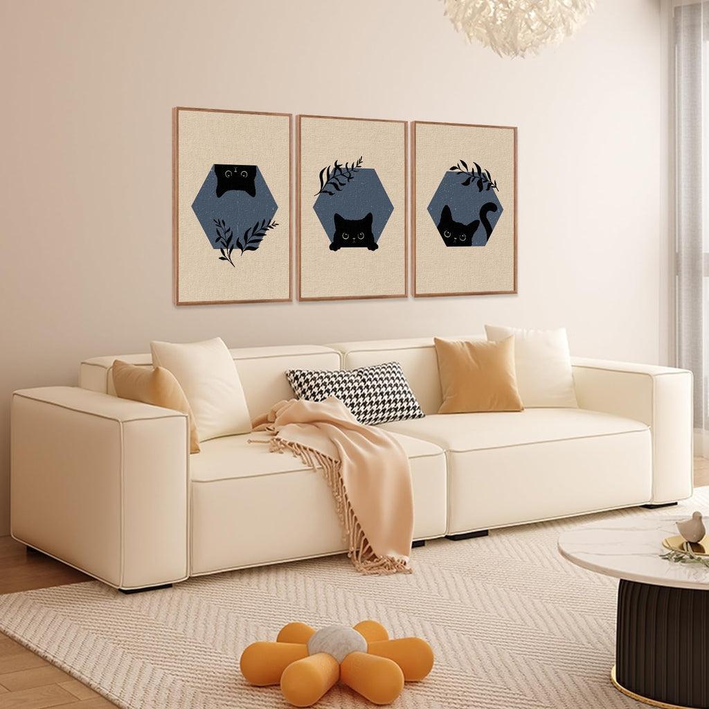Boho Black Cat Framed Canvas Wall Art, Abstract Cute Animal Wall Decor, Modern Funny Kitty Painting, Beige Dark Leaves