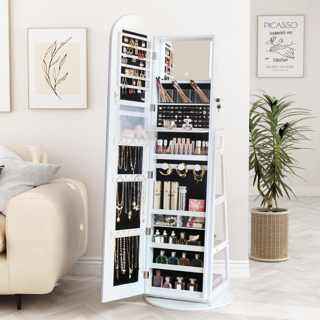 Arched Swivel Jewelry Cosmetics Armoire Cabinet Standing with Full Length Mirror, Lockable Jewelry Organizers Storage