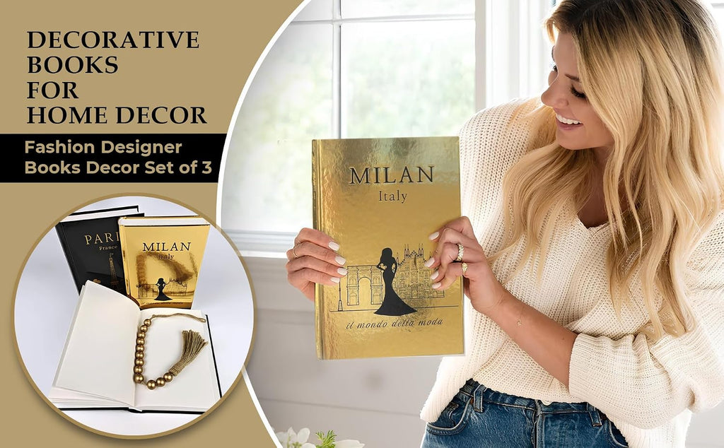 Decorative Books Set of 3 with Golden Garland Bead - Decorative Books for Coffee Table, Home Decor - Designer Books