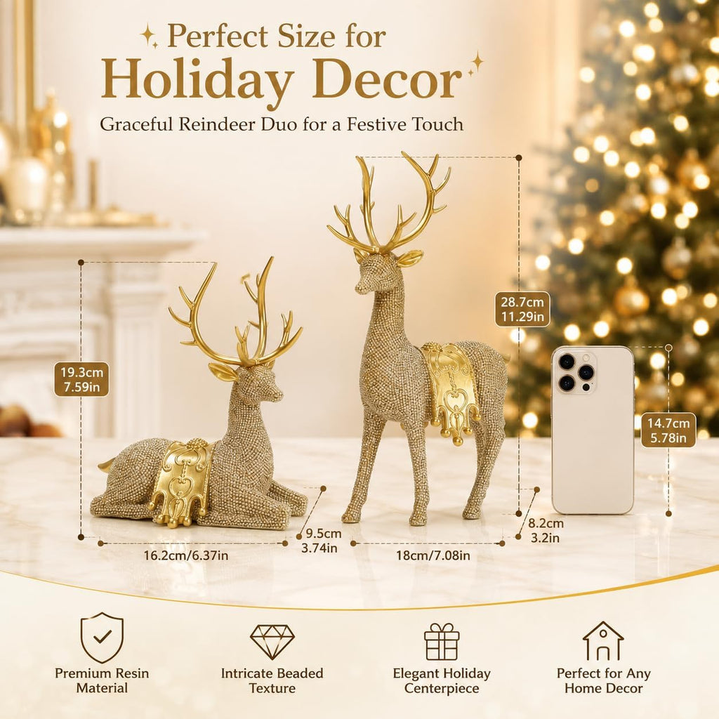 Gold Reindeer Figurines Set of 2 for Christmas Tabletop Decor