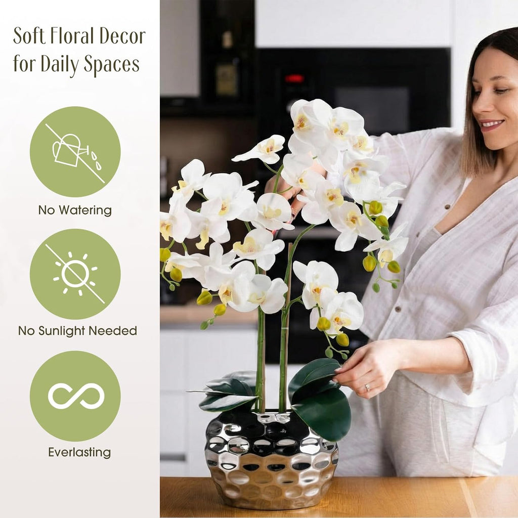 2 Pack Extra Large Orchids Artificial Flowers 24" White Faux Phalaenopsis with Ceramic Pot, Real to Touch Faux Silk