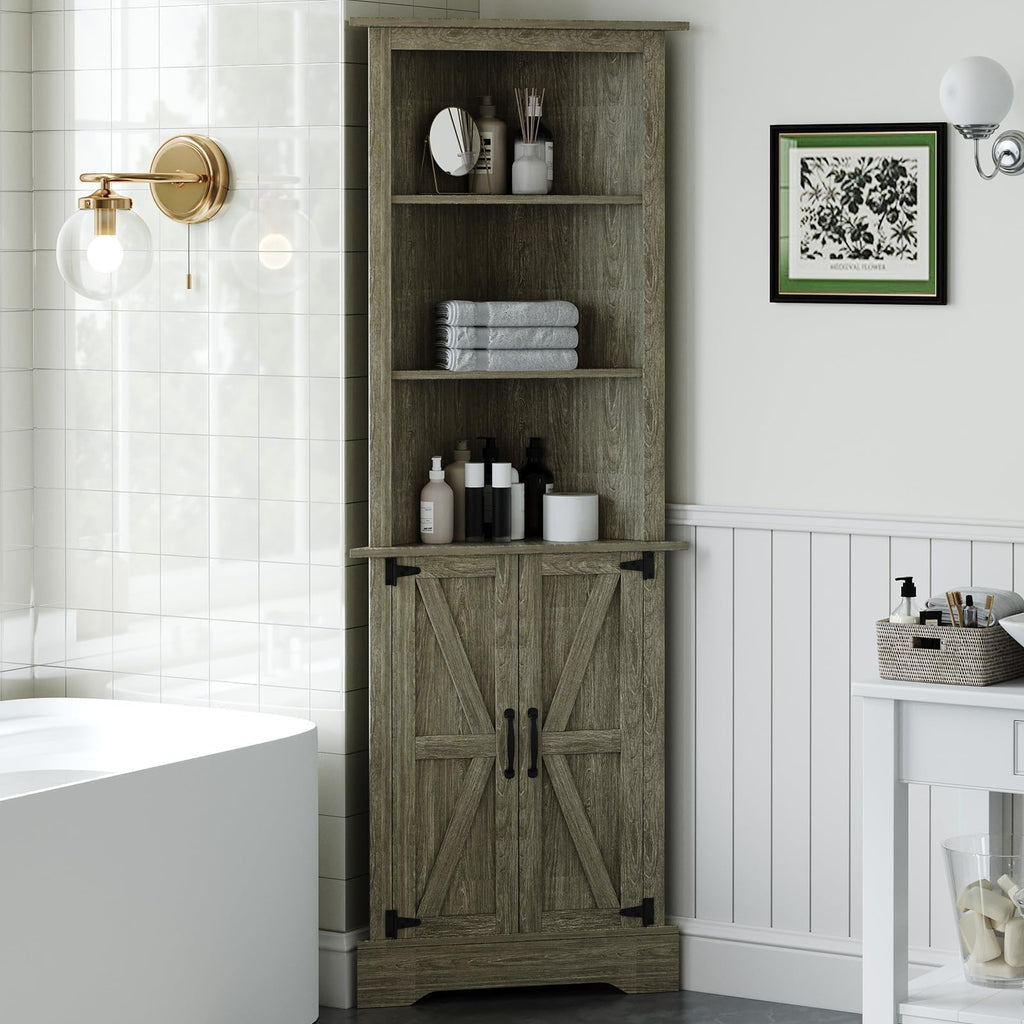 68" H Tall Farmhouse Corner Cabinet with 2 Barn Doors, Grey