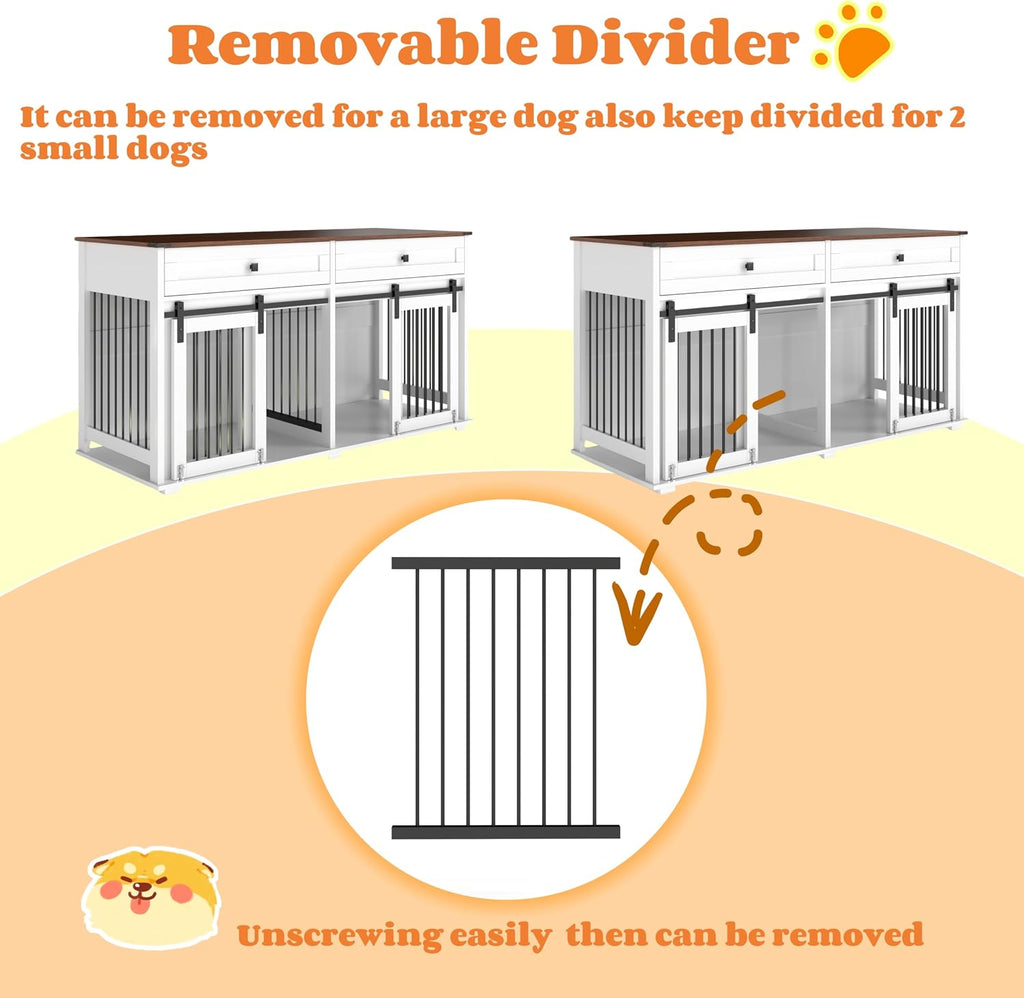 Large Dog Crate Furniture with Divider, 2 Drawers & Sliding Doors