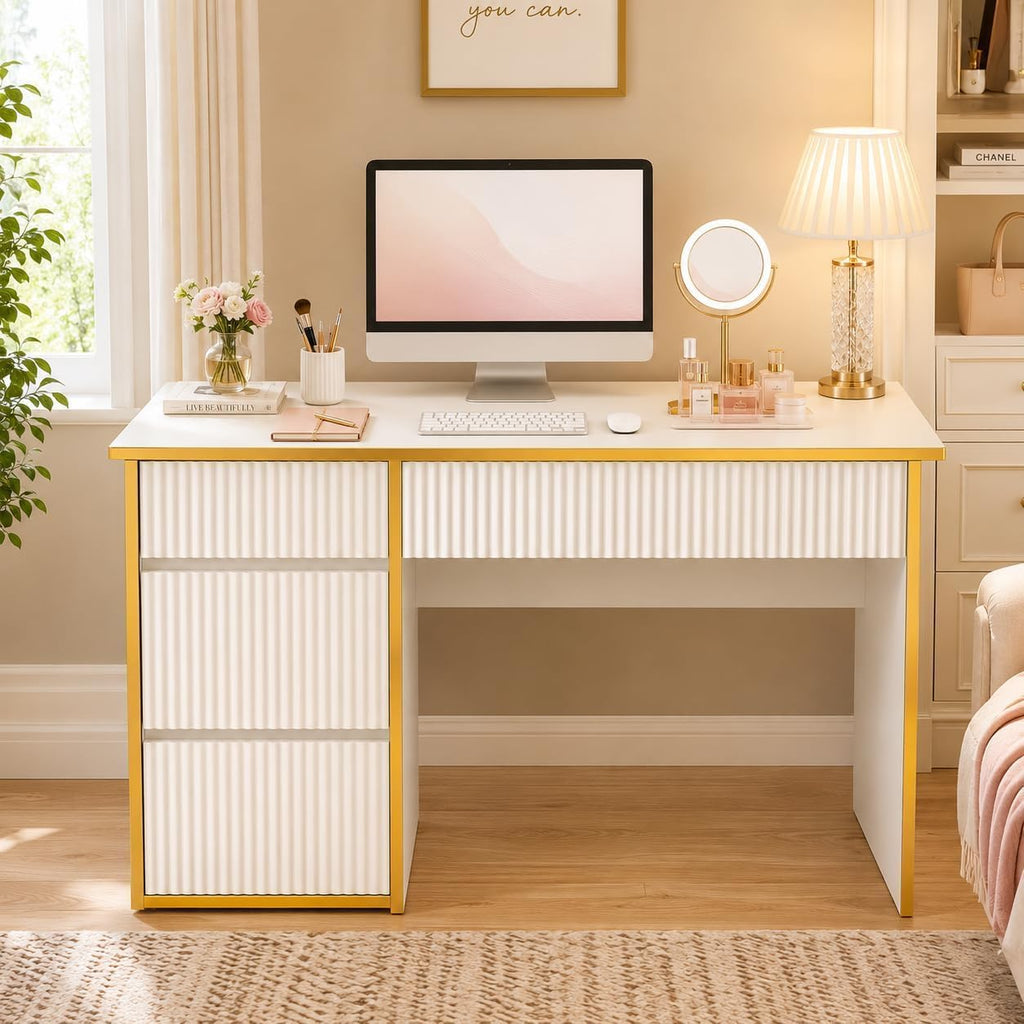 47-Inch Fluted Computer Desk with 4 Drawers, White and Gold