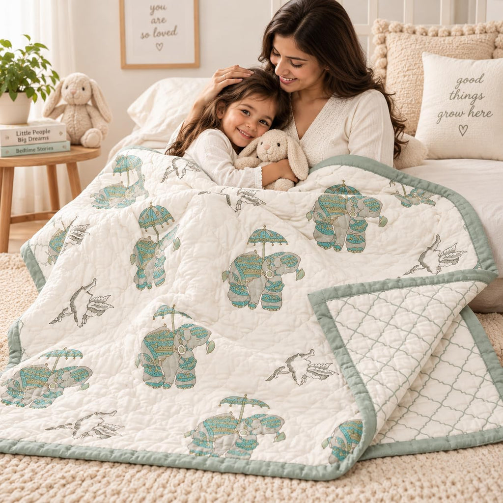 Baby Quilt Hand Block Print Cotton Reversible 40x60 (Green)