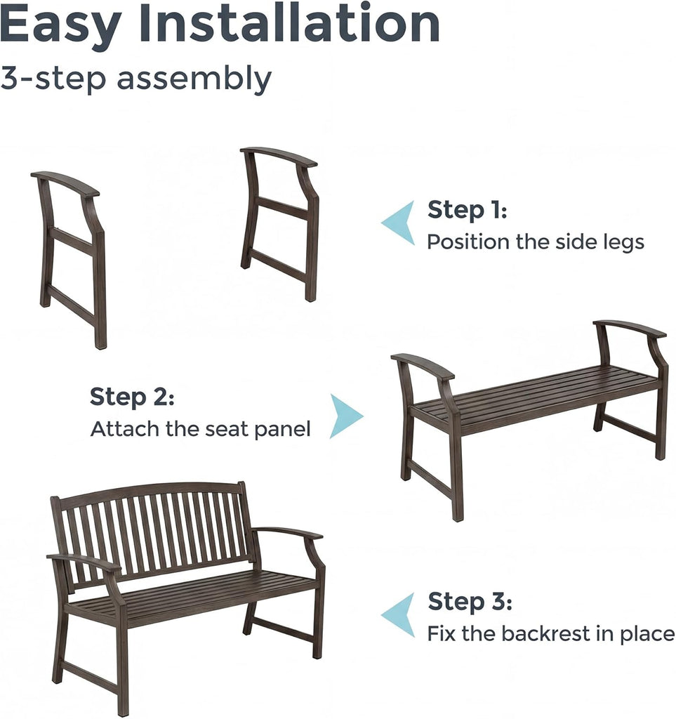 52" Farmhouse Outdoor Bench, Garden Benches with Anti-Rust Aluminum Powder Coated Frame, Faux Wood Grain Finish Frame