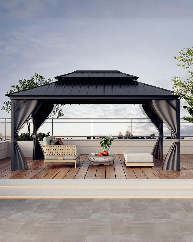 12' x 16' Hardtop Gazebo with Galvanized Steel Double Roof, Heavy Duty Outdoor Gazebo with Netting & Curtains