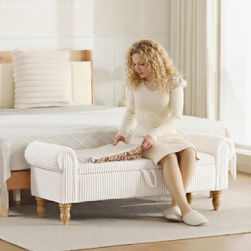 55" Corduroy Storage Ottoman Bench, Queen Bed, White | End of Bed, Bedroom/Entryway/Closet, Window Seat, Lift-Top