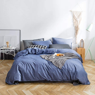 Denim Blue Duvet Cover 100% Washed Cotton 3 Pcs Set 1 Shabby Chic Farmhouse Duvet Cover with Zipper Ties 2