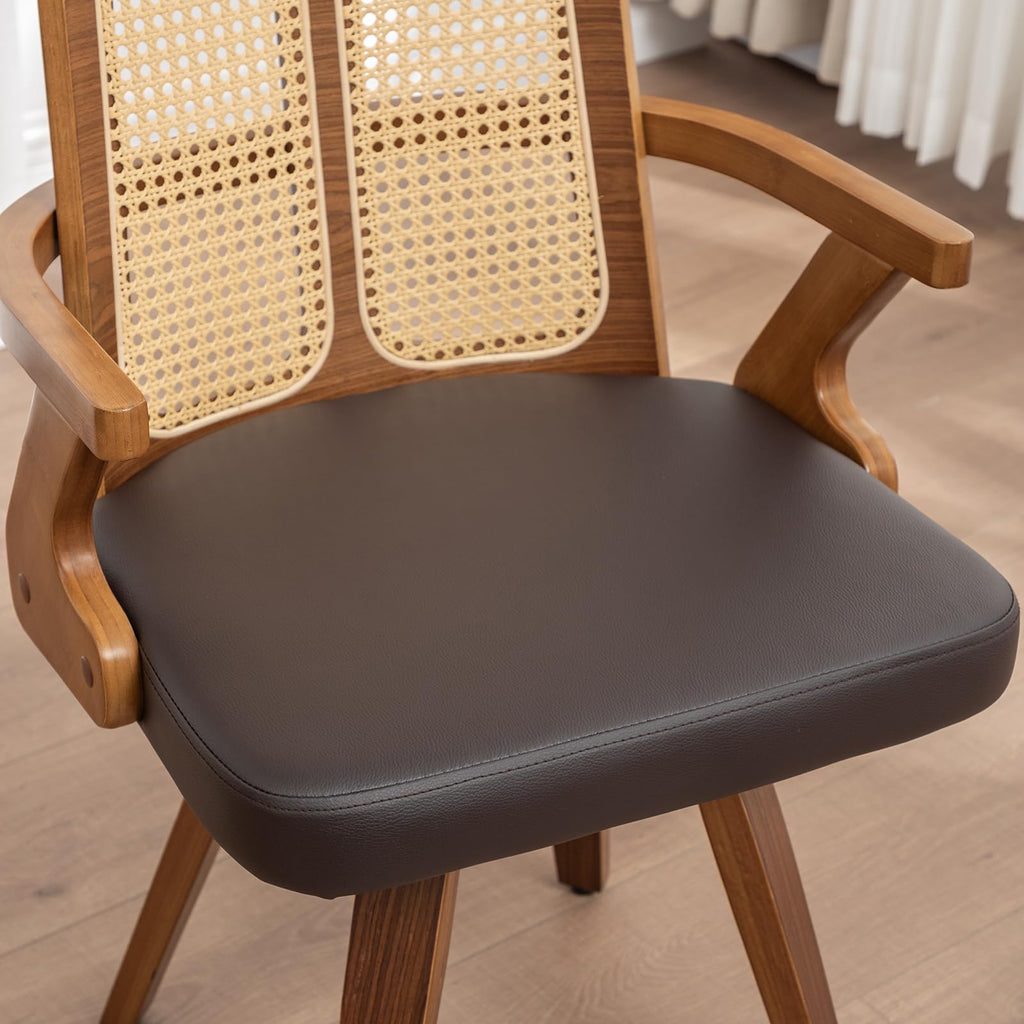 Walnut Dining Chairs - Swivel Rattan Dining Chairs with Bentwood Frame with Ergonomic Cane Back, Curved Arms, MCM