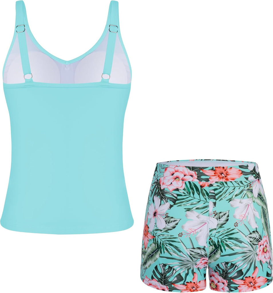 Tween Girls Tankini Swimsuit 2 Piece Bathing Suit Criss Cross Ruched Girl Swimwear with Chest Pad