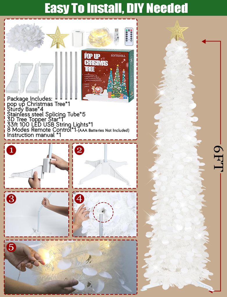 6 FT Pop Up Christmas Tree with 100 LED Timer Lights & Remote, White Collapsible Christmas Tinsel Tree Artificial