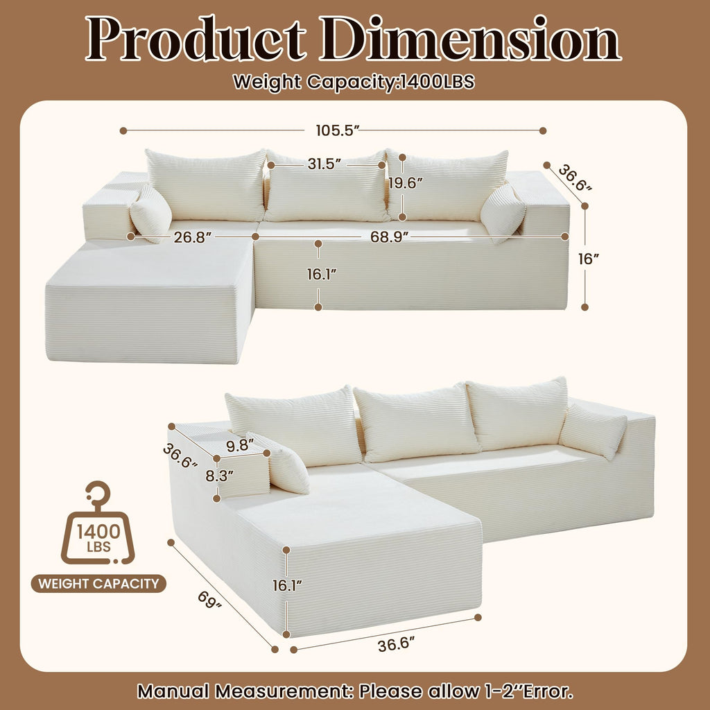 106" Cloud Sectional Boneless Couches, Modular L Shaped Couch with Deep Seat Oversized Left Facing Chaise, Memory
