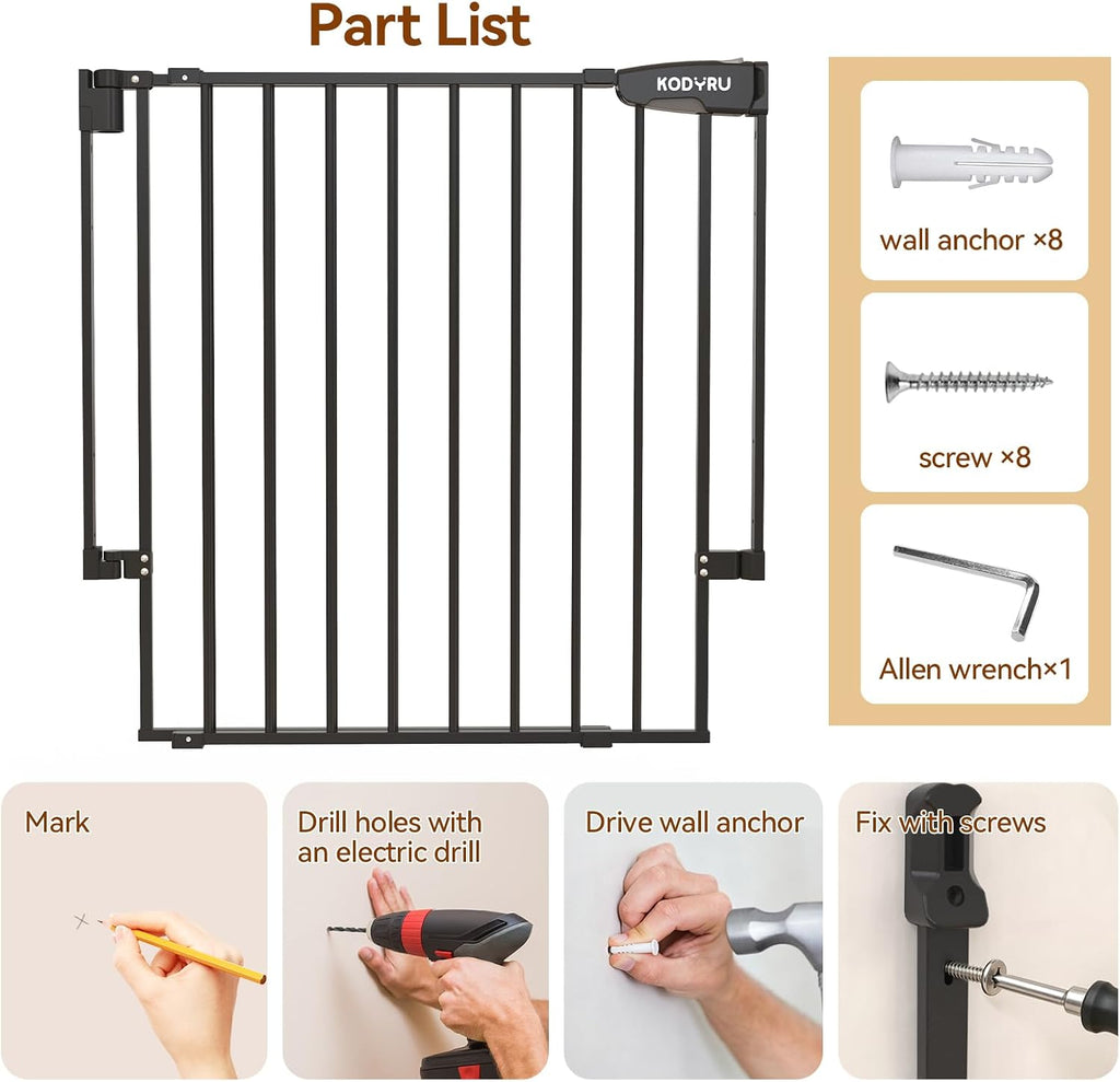 Baby Gate for Stairs, Kitchen & Doorways, 29-43" W 28" H No Bottom Bar - Hardware Mount Safety Dog/Pet Gate Indoor