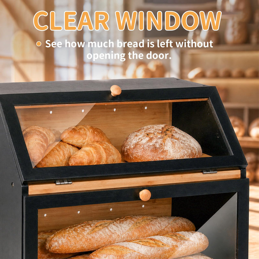 Double Layer Wooden, Keep Bread Fresh Longer, Black